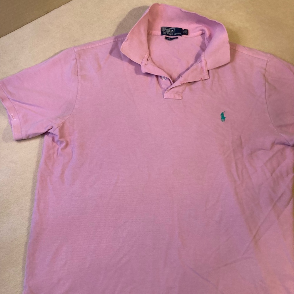 Polo Ralph Lauren mens pique cotton pink  shirt sleeve polo, distressed design